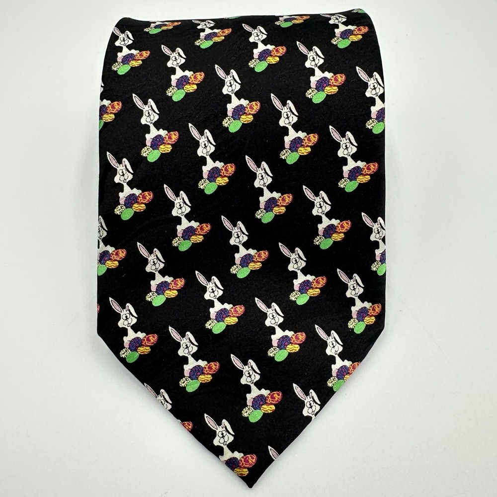 Keith Daniels Mens Silk Tie Black‎ Easter Bunny Eggs Novelty Print 3.75in